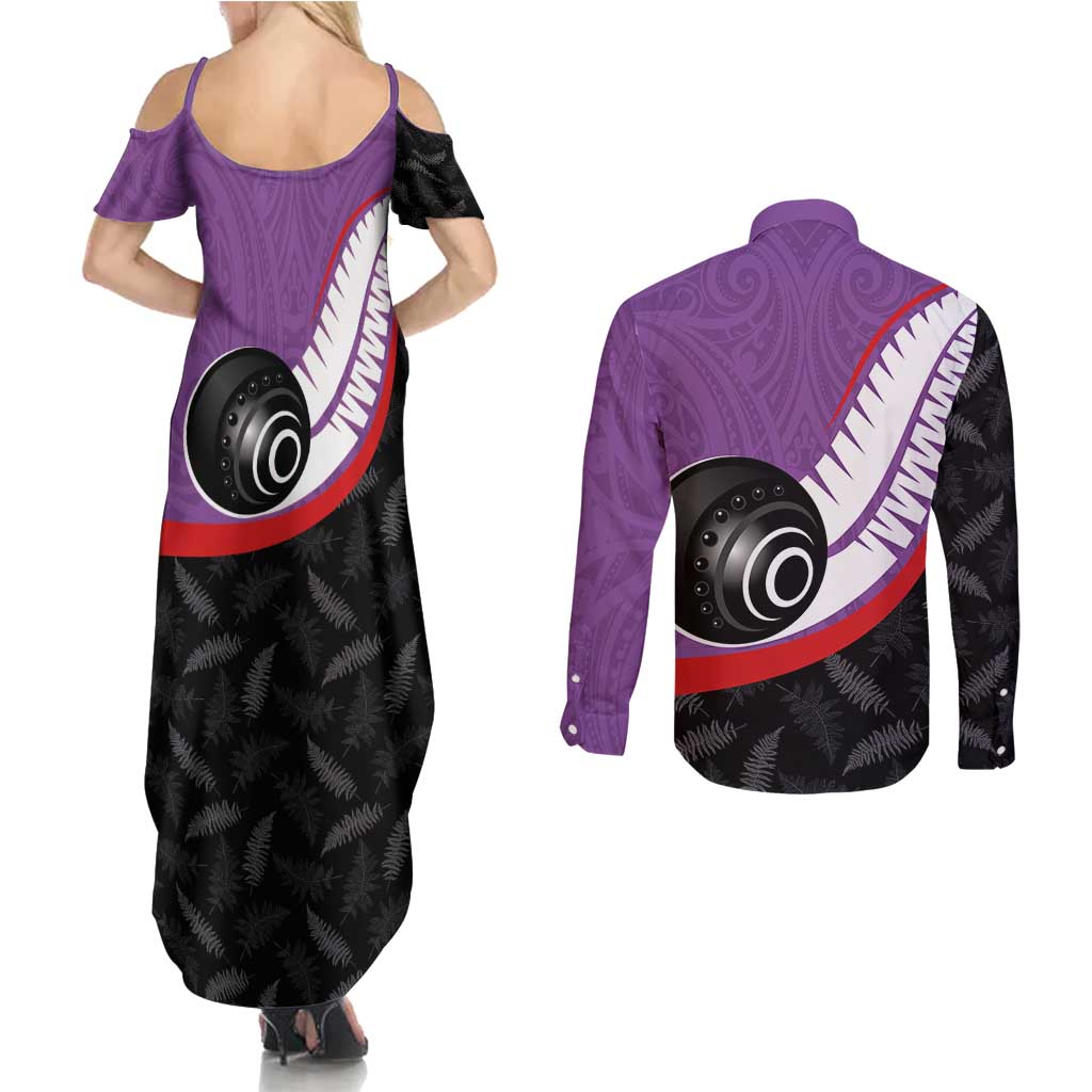 Personalised Aotearoa Lawn Bowls Couples Matching Summer Maxi Dress and Long Sleeve Button Shirt Maori and Silver Fern Sporty Style Purple Color LT03 - Polynesian Pride