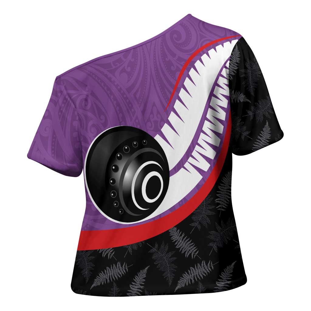 Personalised Aotearoa Lawn Bowls Cross Shoulder Shirt Maori and Silver Fern Sporty Style Purple Color LT03 - Polynesian Pride