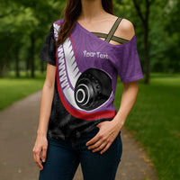 Personalised Aotearoa Lawn Bowls Cross Shoulder Shirt Maori and Silver Fern Sporty Style Purple Color LT03 - Polynesian Pride