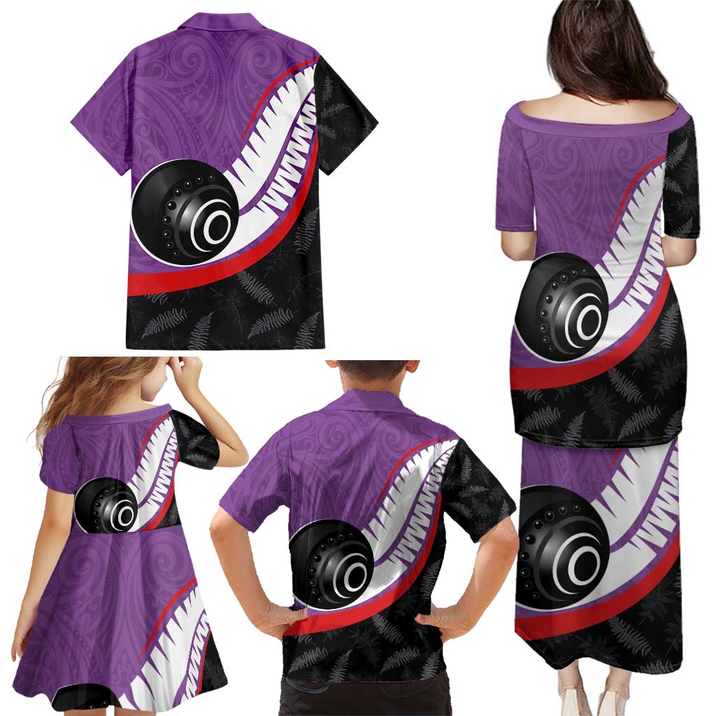 Personalised Aotearoa Lawn Bowls Family Matching Puletasi and Hawaiian Shirt Maori and Silver Fern Sporty Style Purple Color LT03 - Polynesian Pride