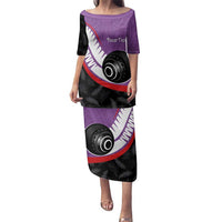 Personalised Aotearoa Lawn Bowls Family Matching Puletasi and Hawaiian Shirt Maori and Silver Fern Sporty Style Purple Color LT03 Mom's Dress Purple - Polynesian Pride