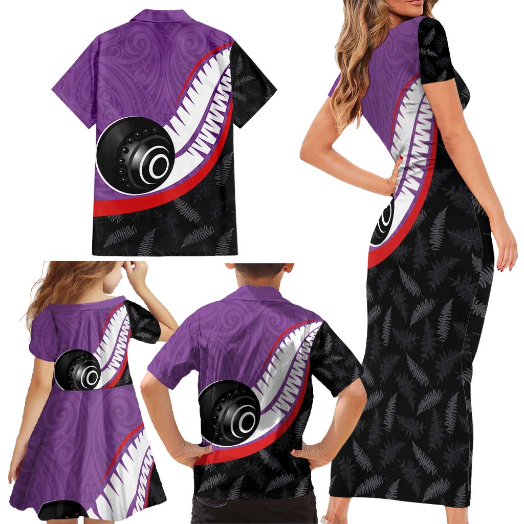 Personalised Aotearoa Lawn Bowls Family Matching Short Sleeve Bodycon Dress and Hawaiian Shirt Maori and Silver Fern Sporty Style Purple Color LT03 - Polynesian Pride