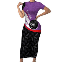Personalised Aotearoa Lawn Bowls Family Matching Short Sleeve Bodycon Dress and Hawaiian Shirt Maori and Silver Fern Sporty Style Purple Color LT03 Mom's Dress Purple - Polynesian Pride