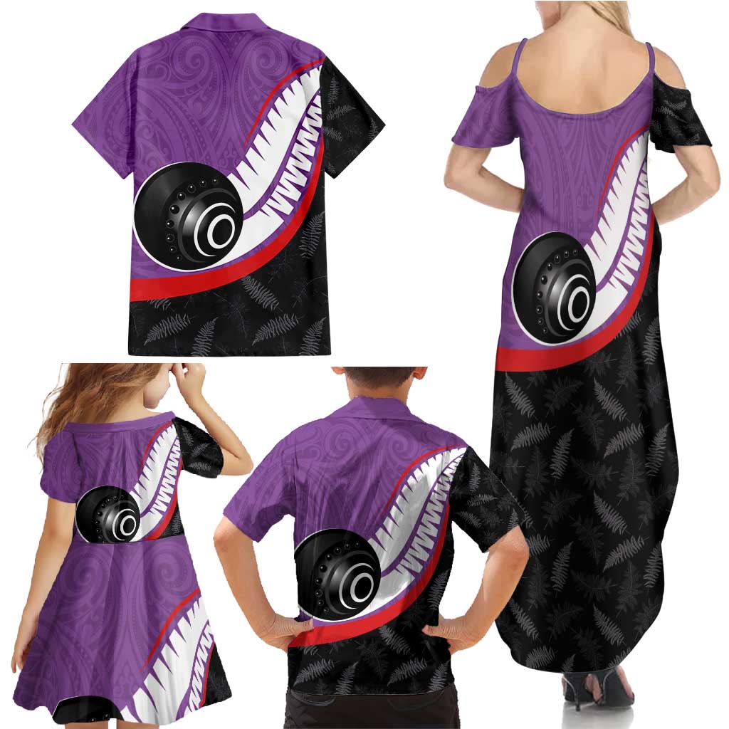 Personalised Aotearoa Lawn Bowls Family Matching Summer Maxi Dress and Hawaiian Shirt Maori and Silver Fern Sporty Style Purple Color LT03 - Polynesian Pride