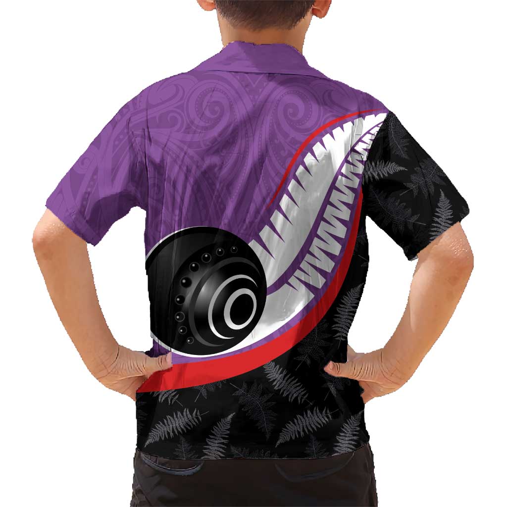 Personalised Aotearoa Lawn Bowls Kid Hawaiian Shirt Maori and Silver Fern Sporty Style Purple Color LT03 - Polynesian Pride