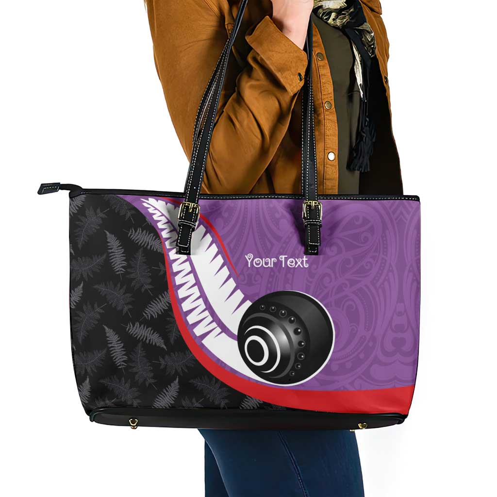 Personalised Aotearoa Lawn Bowls Leather Tote Bag Maori and Silver Fern Sporty Style Purple Color LT03 - Polynesian Pride