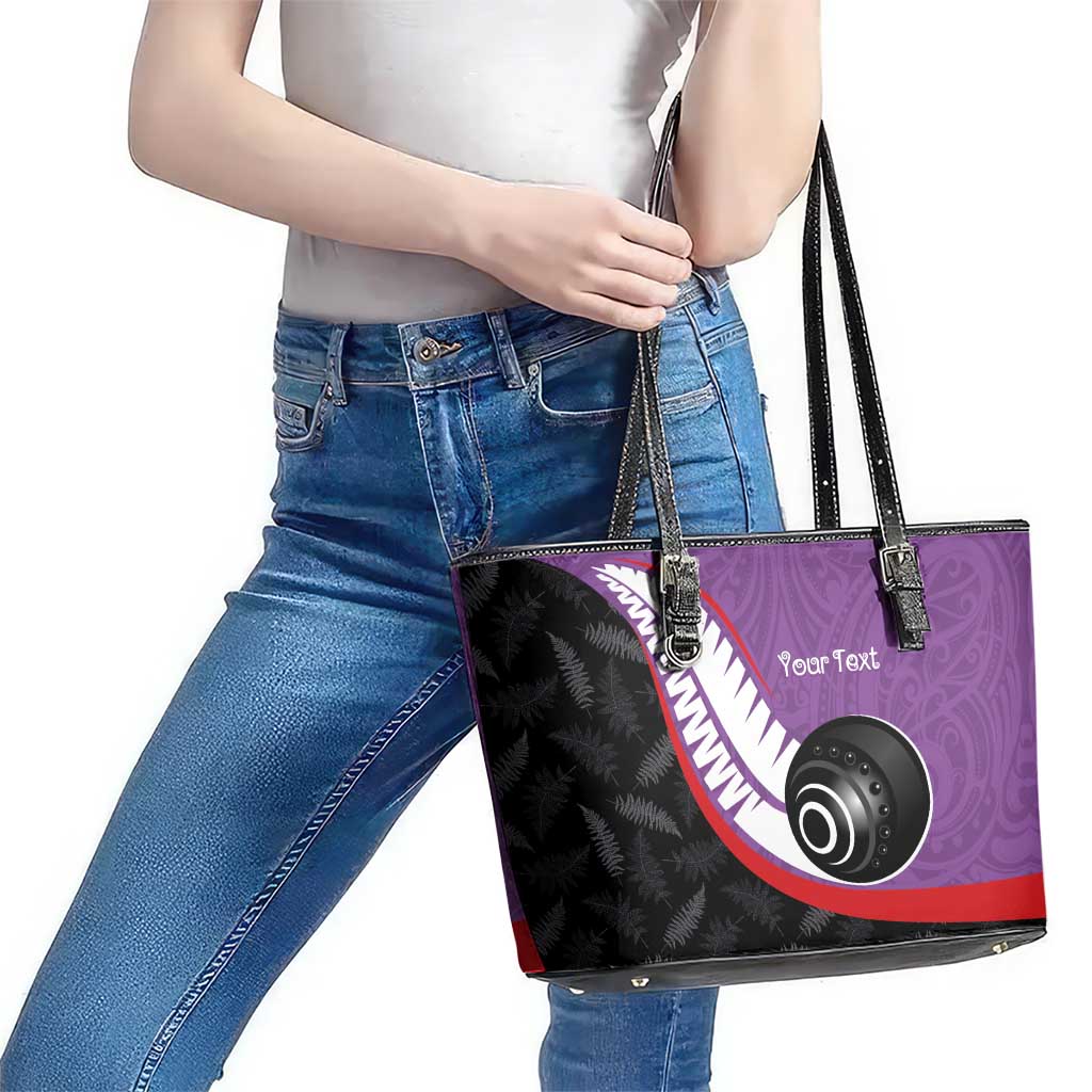 Personalised Aotearoa Lawn Bowls Leather Tote Bag Maori and Silver Fern Sporty Style Purple Color LT03 - Polynesian Pride