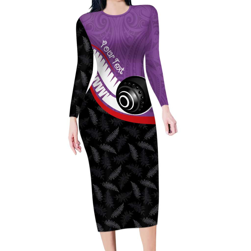 Personalised Aotearoa Lawn Bowls Long Sleeve Bodycon Dress Maori and Silver Fern Sporty Style Purple Color - Polynesian Pride