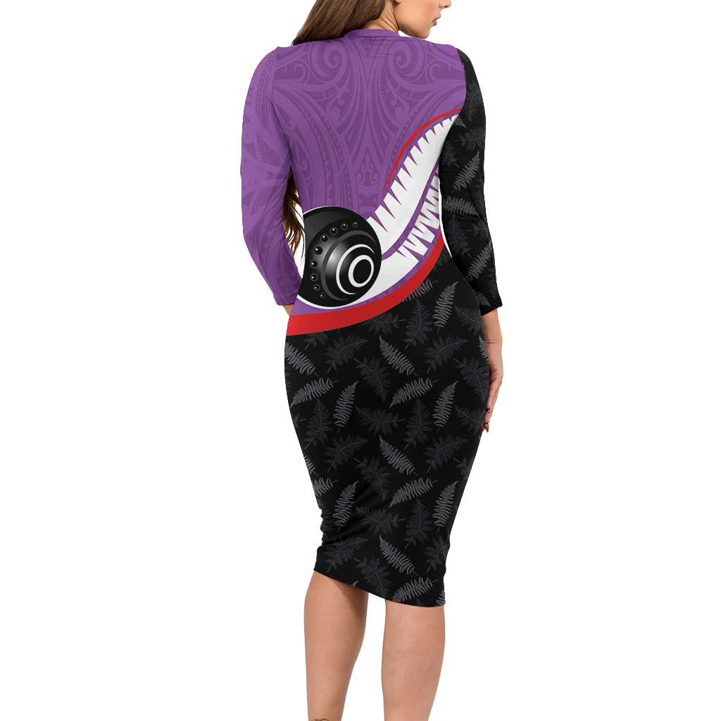 Personalised Aotearoa Lawn Bowls Long Sleeve Bodycon Dress Maori and Silver Fern Sporty Style Purple Color LT03 - Polynesian Pride