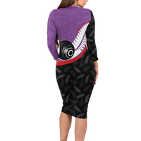 Personalised Aotearoa Lawn Bowls Long Sleeve Bodycon Dress Maori and Silver Fern Sporty Style Purple Color LT03 - Polynesian Pride
