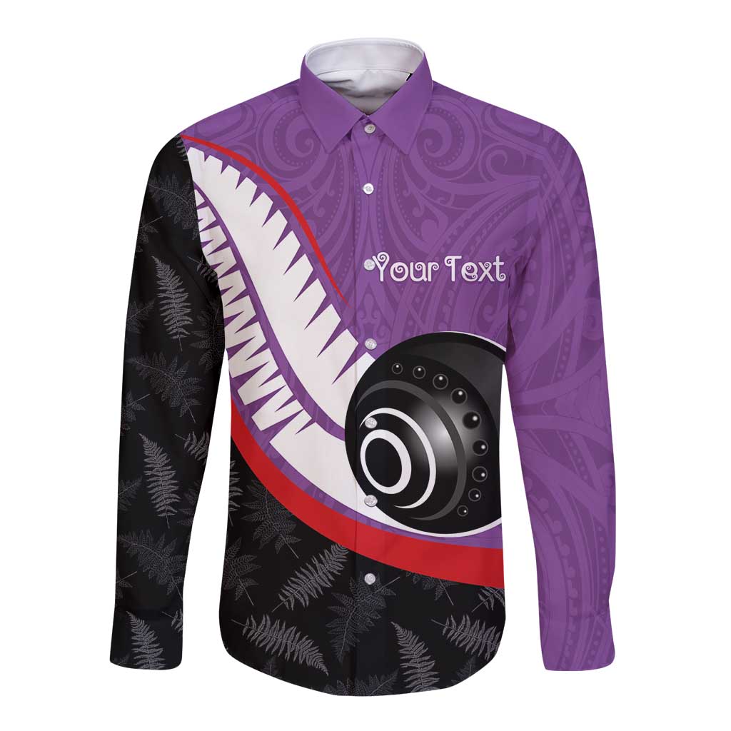 Personalised Aotearoa Lawn Bowls Long Sleeve Button Shirt Maori and Silver Fern Sporty Style Purple Color LT03 Unisex Purple - Polynesian Pride