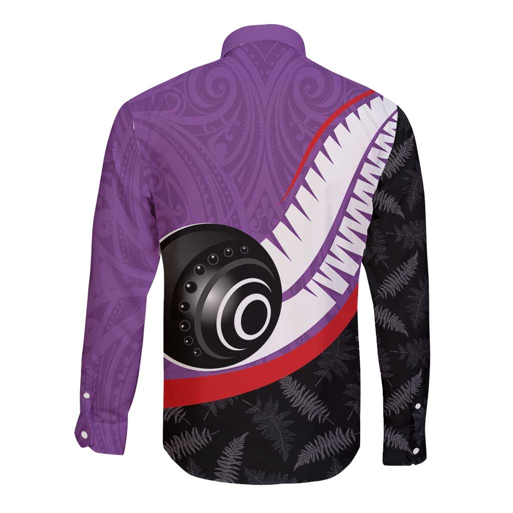 Personalised Aotearoa Lawn Bowls Long Sleeve Button Shirt Maori and Silver Fern Sporty Style Purple Color LT03 - Polynesian Pride