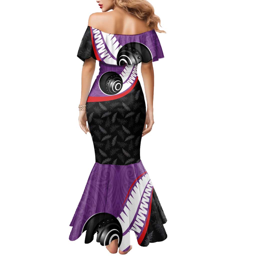Personalised Aotearoa Lawn Bowls Mermaid Dress Maori and Silver Fern Sporty Style Purple Color LT03 - Polynesian Pride