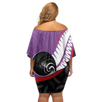 Personalised Aotearoa Lawn Bowls Off Shoulder Short Dress Maori and Silver Fern Sporty Style Purple Color LT03 - Polynesian Pride