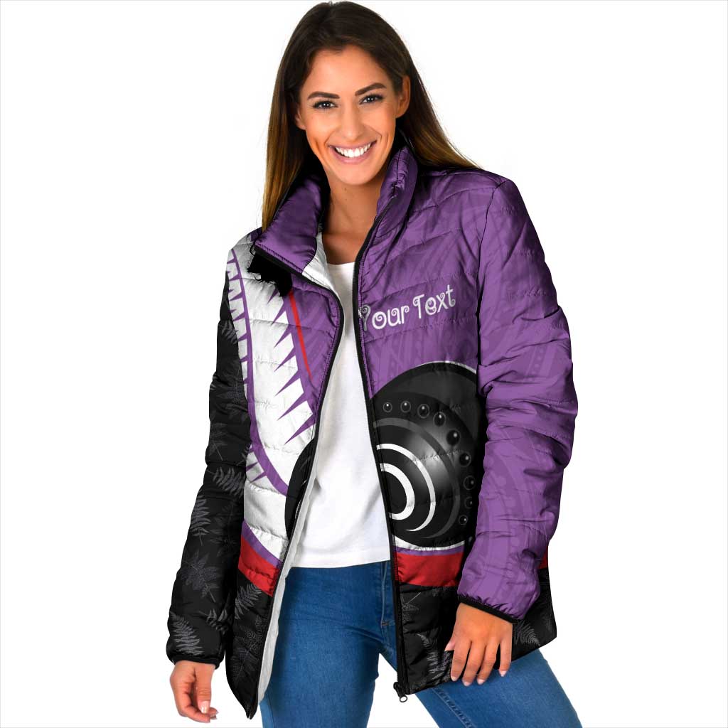 Personalised Aotearoa Lawn Bowls Padded Jacket Maori and Silver Fern Sporty Style Purple Color LT03 Women Purple - Polynesian Pride