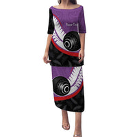 Personalised Aotearoa Lawn Bowls Puletasi Maori and Silver Fern Sporty Style Purple Color LT03 Long Dress Purple - Polynesian Pride
