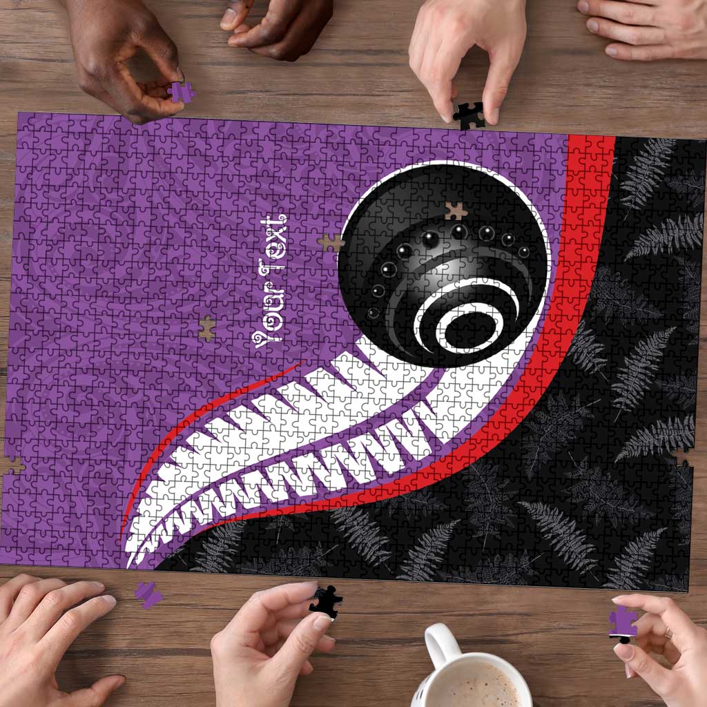 Personalised Aotearoa Lawn Bowls Puzzle Maori and Silver Fern Sporty Style Purple Color LT03 - Polynesian Pride