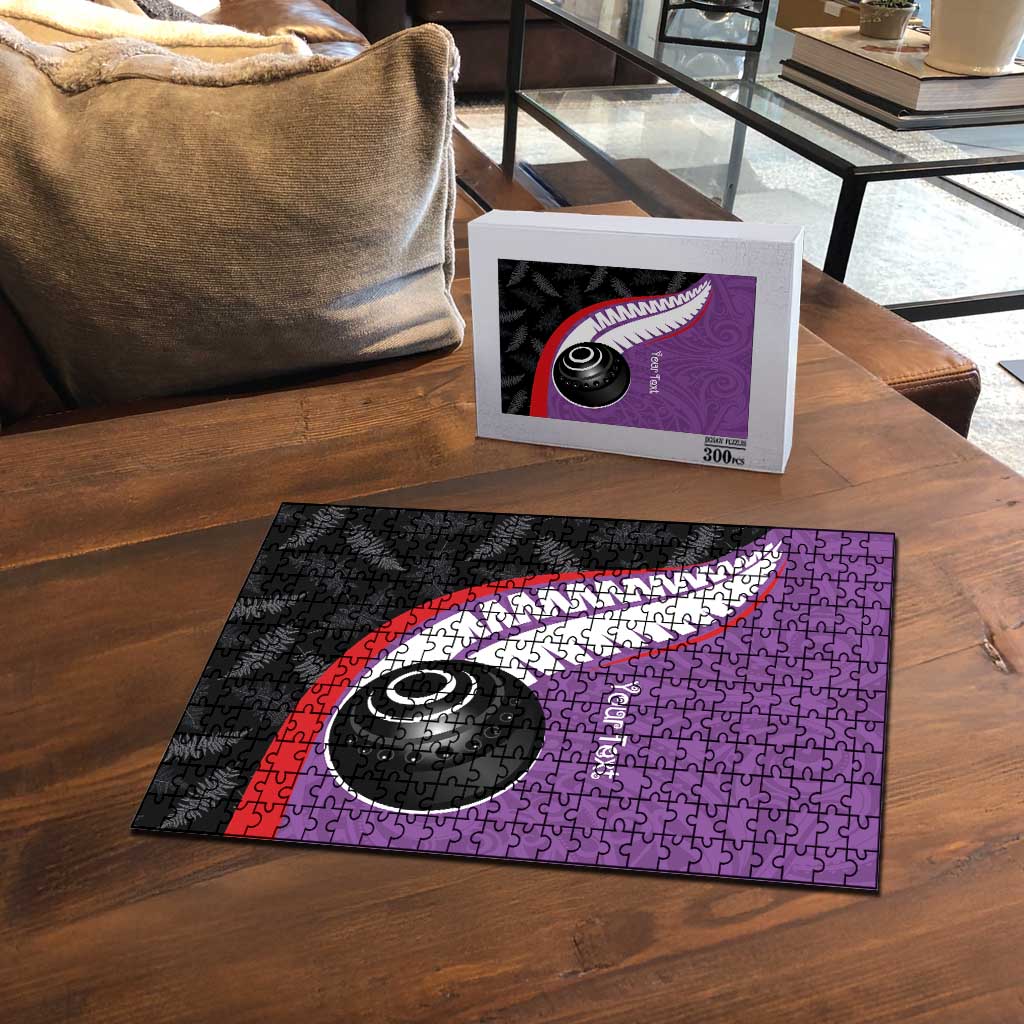 Personalised Aotearoa Lawn Bowls Puzzle Maori and Silver Fern Sporty Style Purple Color LT03 - Polynesian Pride