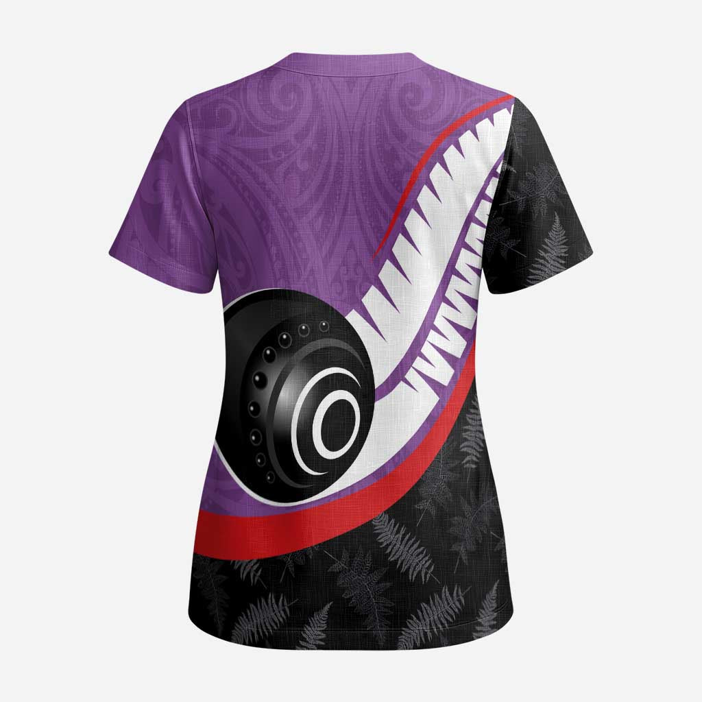 Personalised Aotearoa Lawn Bowls Scrub Top Maori and Silver Fern Sporty Style Purple Color LT03 - Polynesian Pride