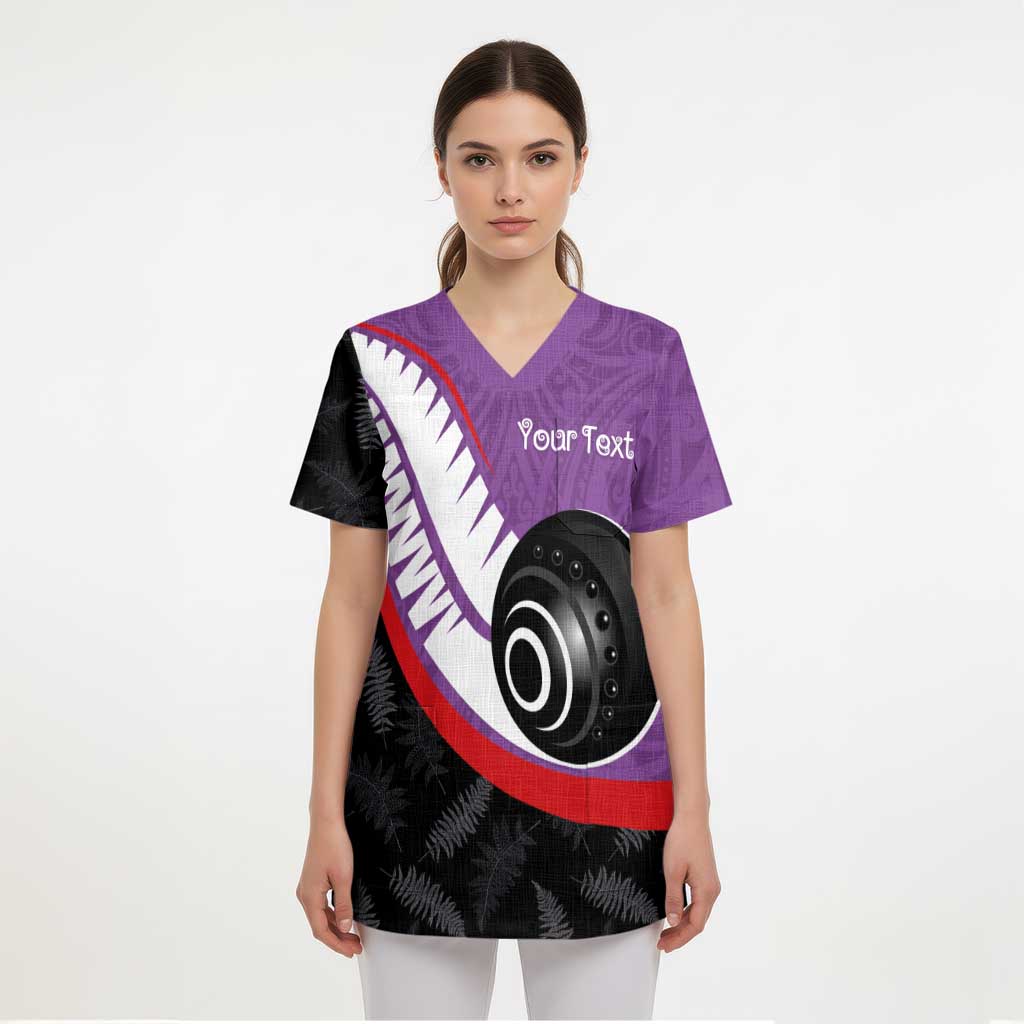 Personalised Aotearoa Lawn Bowls Scrub Top Maori and Silver Fern Sporty Style Purple Color LT03 - Polynesian Pride