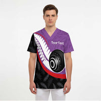 Personalised Aotearoa Lawn Bowls Scrub Top Maori and Silver Fern Sporty Style Purple Color LT03 - Polynesian Pride