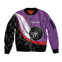 Personalised Aotearoa Lawn Bowls Sleeve Zip Bomber Jacket Maori and Silver Fern Sporty Style Purple Color LT03 Unisex Purple - Polynesian Pride