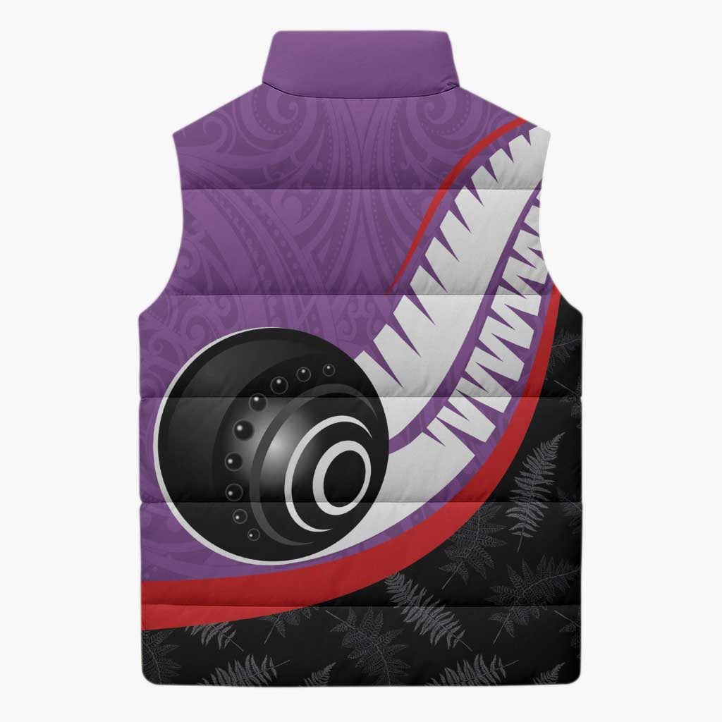 Personalised Aotearoa Lawn Bowls Sleeveless Puffer Jacket Maori and Silver Fern Sporty Style Purple Color LT03 - Polynesian Pride