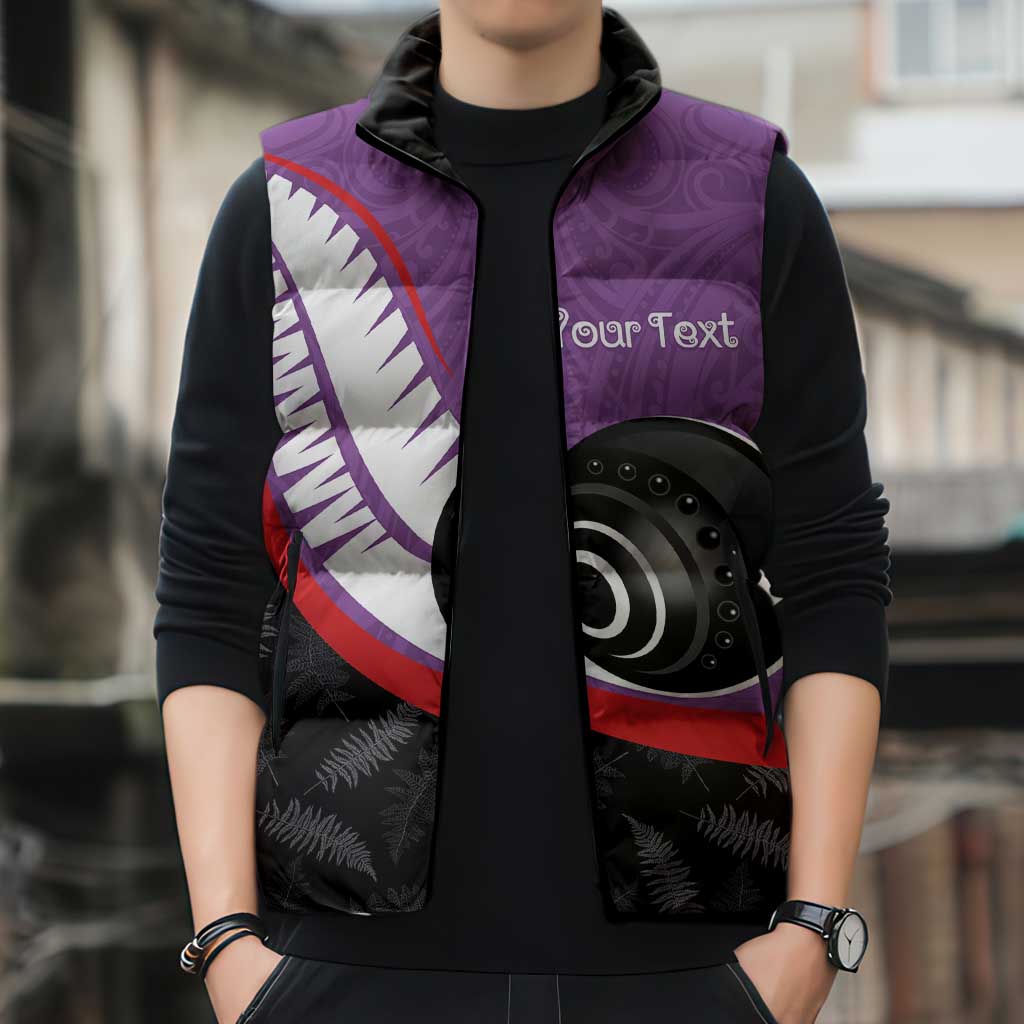 Personalised Aotearoa Lawn Bowls Sleeveless Puffer Jacket Maori and Silver Fern Sporty Style Purple Color LT03 - Polynesian Pride
