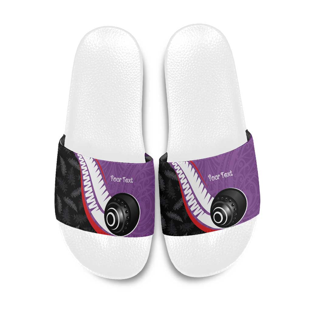 Personalised Aotearoa Lawn Bowls Slide Sandals Maori and Silver Fern Sporty Style Purple Color LT03 Purple - Polynesian Pride