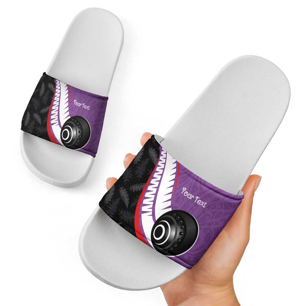 Personalised Aotearoa Lawn Bowls Slide Sandals Maori and Silver Fern Sporty Style Purple Color LT03 - Polynesian Pride
