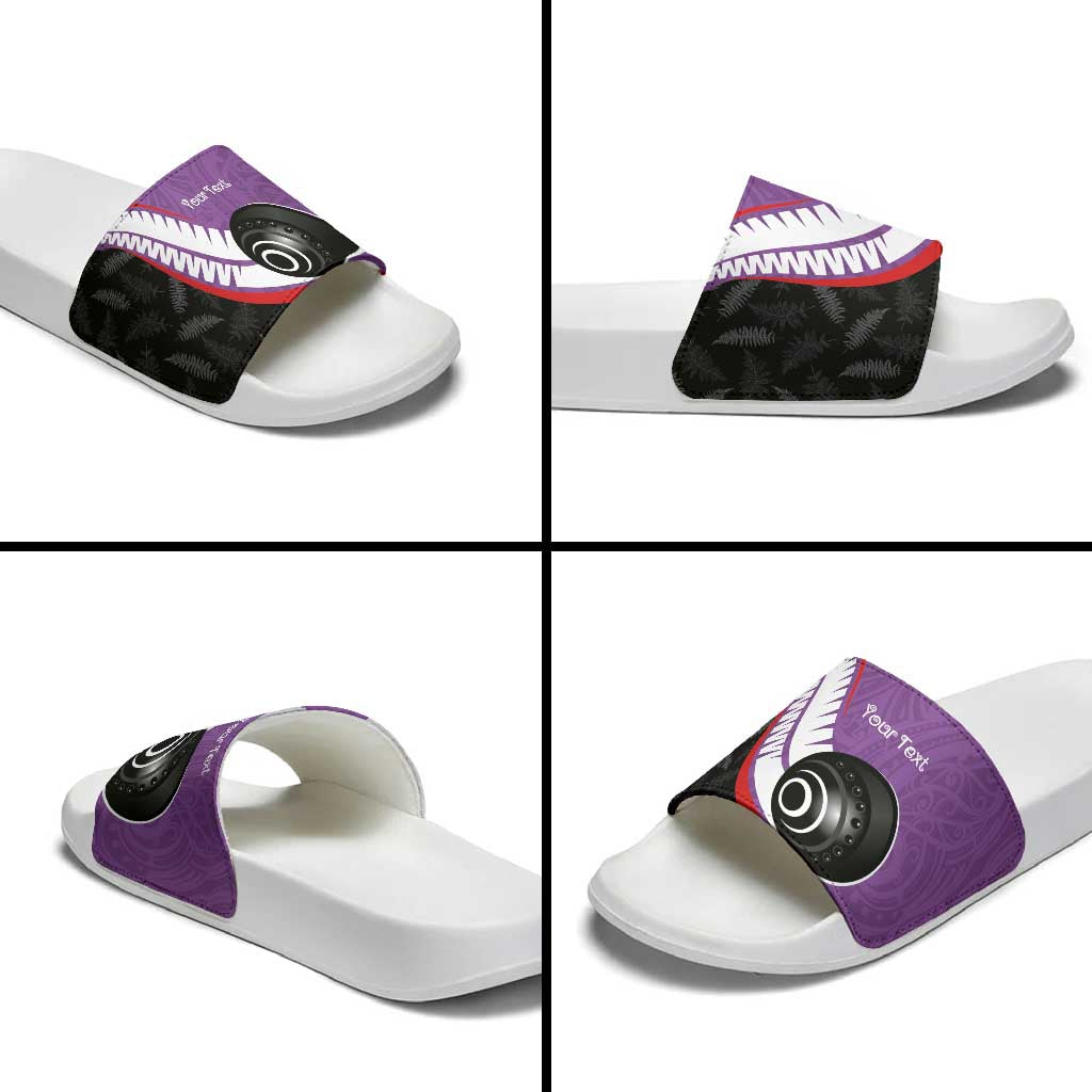 Personalised Aotearoa Lawn Bowls Slide Sandals Maori and Silver Fern Sporty Style Purple Color LT03 - Polynesian Pride