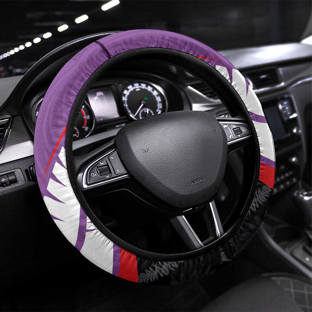 Aotearoa Lawn Bowls Steering Wheel Cover Maori and Silver Fern Sporty Style Purple Color LT03 Universal Fit Purple - Polynesian Pride