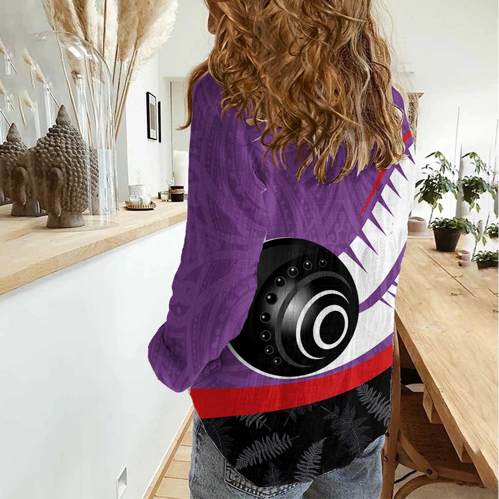 Personalised Aotearoa Lawn Bowls Women Casual Shirt Maori and Silver Fern Sporty Style Purple Color LT03 - Polynesian Pride