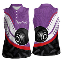 Personalised Aotearoa Lawn Bowls Women Sleeveless Polo Shirt Maori and Silver Fern Sporty Style Purple Color LT03 - Polynesian Pride