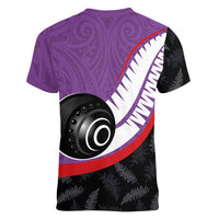 Personalised Aotearoa Lawn Bowls Women V-Neck T-Shirt Maori and Silver Fern Sporty Style Purple Color LT03 - Polynesian Pride