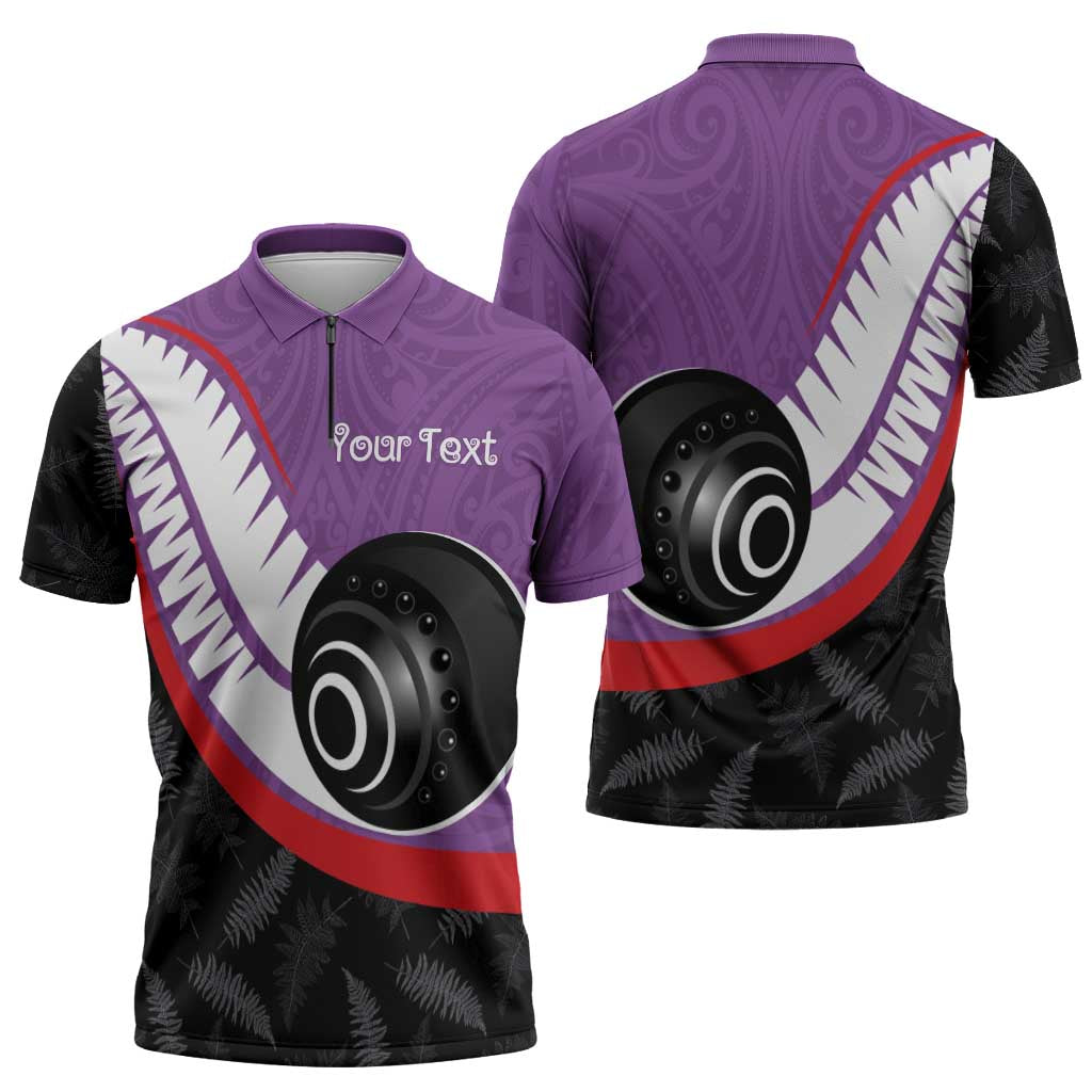 Personalised Aotearoa Lawn Bowls Zipper Polo Shirt Maori and Silver Fern Sporty Style Purple Color LT03 - Polynesian Pride