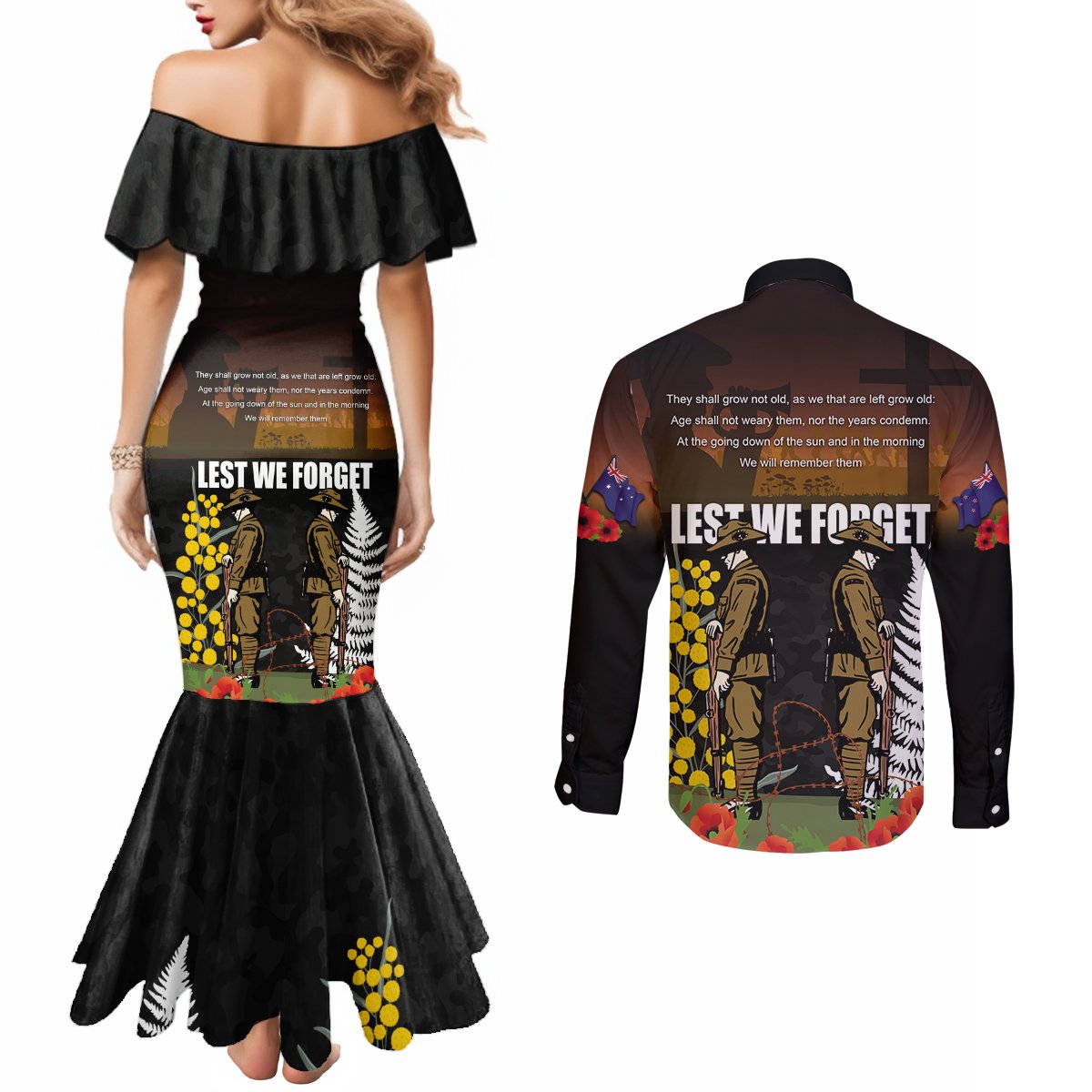 New Zealand and Australia ANZAC Day Couples Matching Mermaid Dress and Long Sleeve Button Shirt Soldier and Last Post Camouflage Pattern LT03 - Polynesian Pride