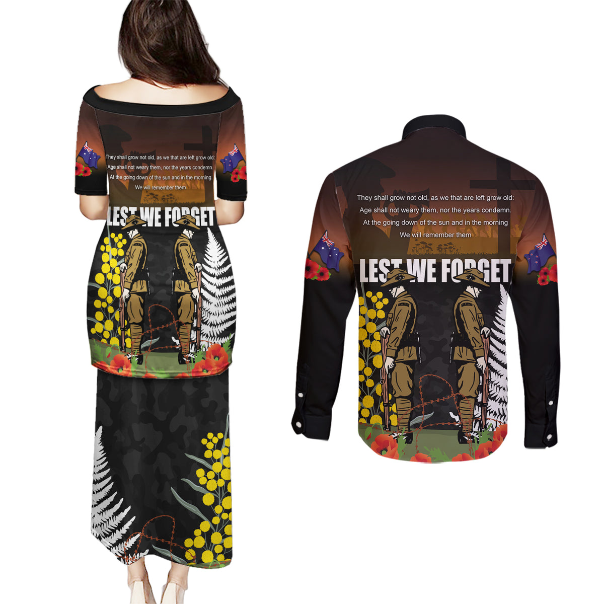 New Zealand and Australia ANZAC Day Couples Matching Puletasi and Long Sleeve Button Shirt Soldier and Last Post Camouflage Pattern LT03 - Polynesian Pride