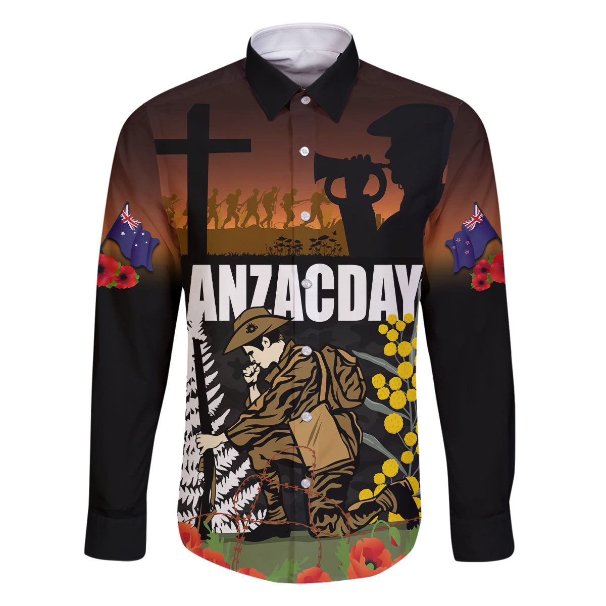 New Zealand and Australia ANZAC Day Family Matching Off Shoulder Maxi Dress and Hawaiian Shirt Soldier and Last Post Camouflage Pattern LT03 Dad's Shirt - Long Sleeve Black - Polynesian Pride