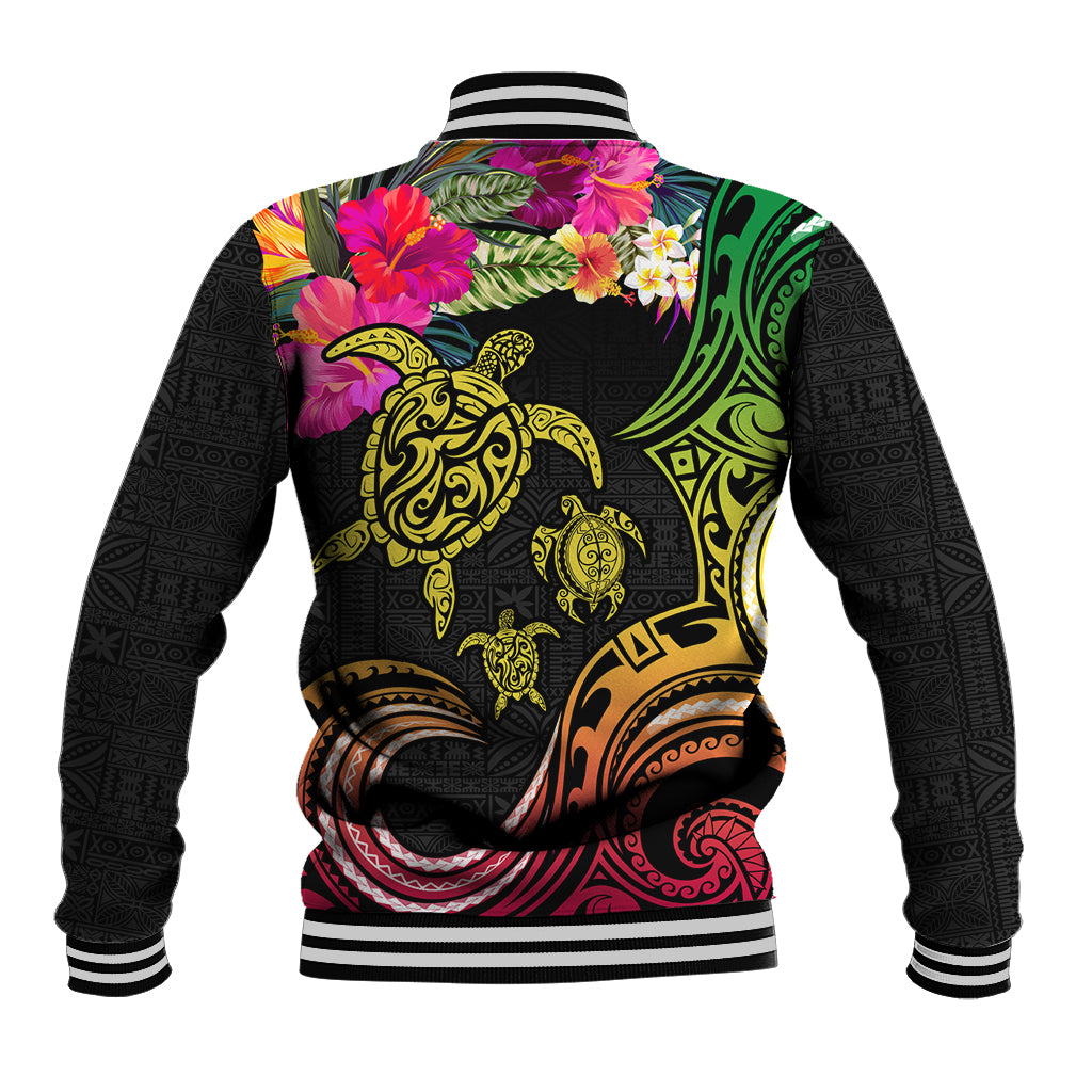 Hawaii Turtle Day Baseball Jacket Polynesian Tattoo and Hibiscus Flowers
