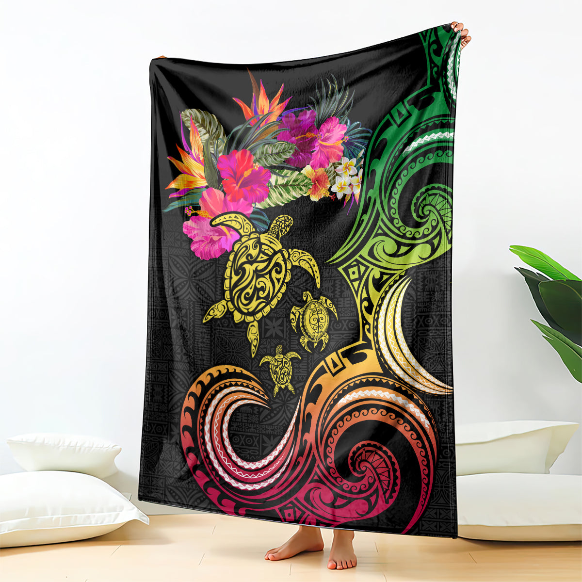 Hawaii Turtle Day Blanket Polynesian Tattoo and Hibiscus Flowers LT03 - Polynesian Pride
