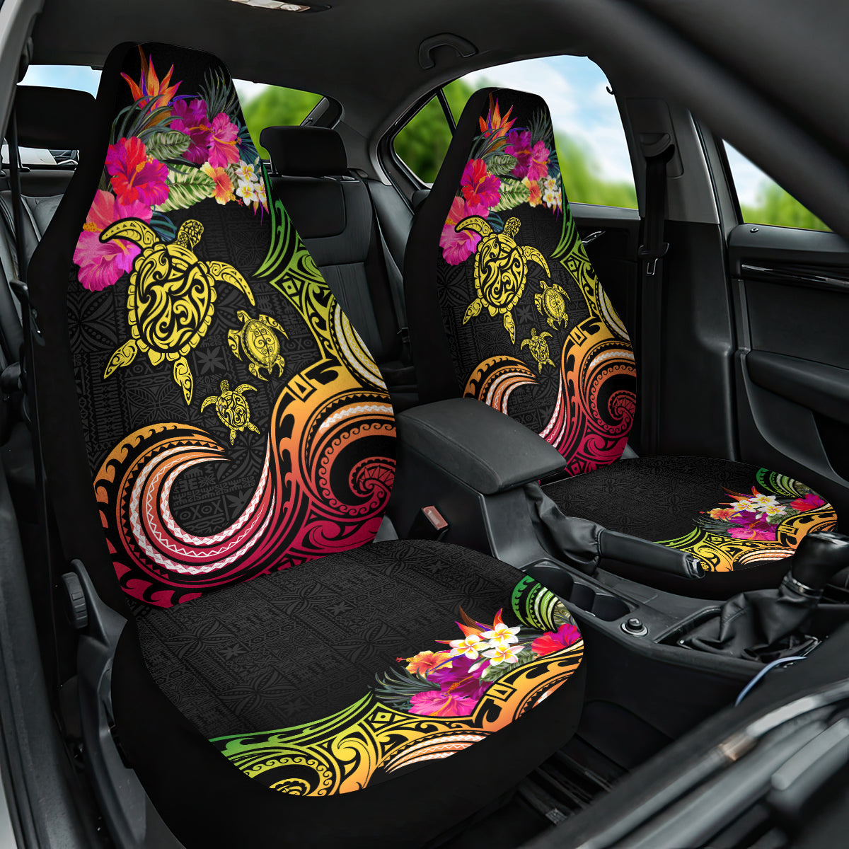 Hawaii Turtle Day Car Seat Cover Polynesian Tattoo and Hibiscus Flowers LT03 One Size Black - Polynesian Pride