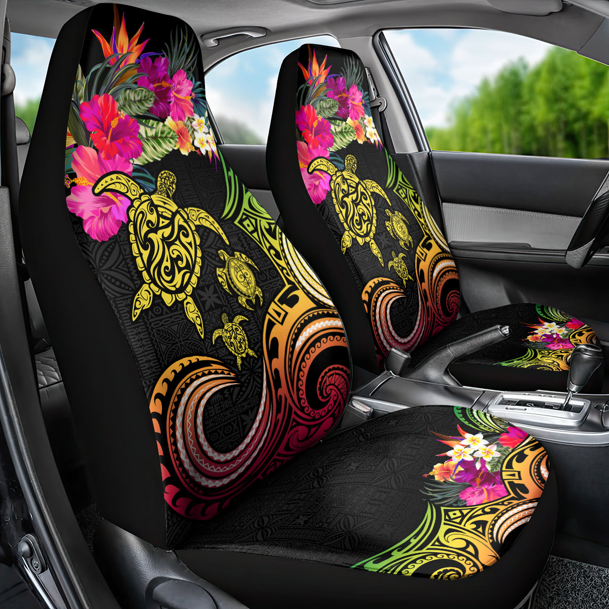 Hawaii Turtle Day Car Seat Cover Polynesian Tattoo and Hibiscus Flowers LT03 - Polynesian Pride