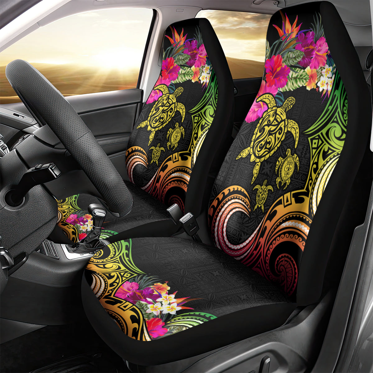 Hawaii Turtle Day Car Seat Cover Polynesian Tattoo and Hibiscus Flowers LT03 - Polynesian Pride