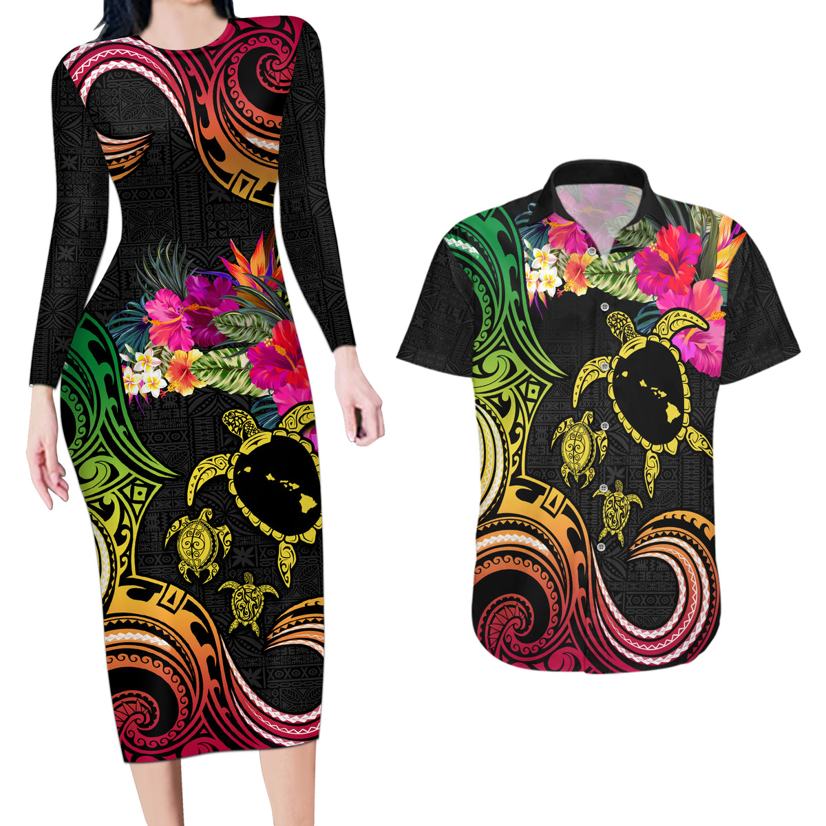 Hawaii Turtle Day Couples Matching Long Sleeve Bodycon Dress and Hawaiian Shirt Polynesian Tattoo and Hibiscus Flowers LT03 Black - Polynesian Pride