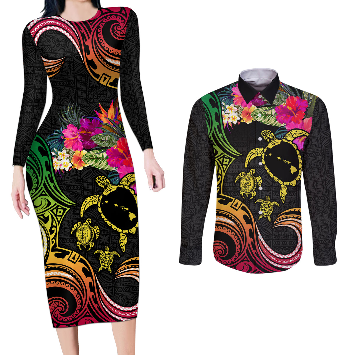 Hawaii Turtle Day Couples Matching Long Sleeve Bodycon Dress and Long Sleeve Button Shirt Polynesian Tattoo and Hibiscus Flowers LT03 Black - Polynesian Pride