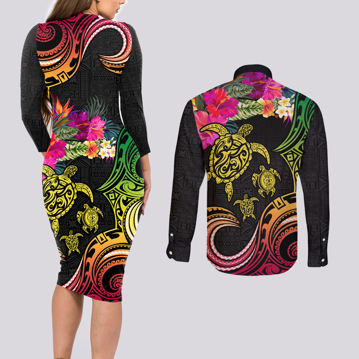 Hawaii Turtle Day Couples Matching Long Sleeve Bodycon Dress and Long Sleeve Button Shirt Polynesian Tattoo and Hibiscus Flowers LT03 - Polynesian Pride