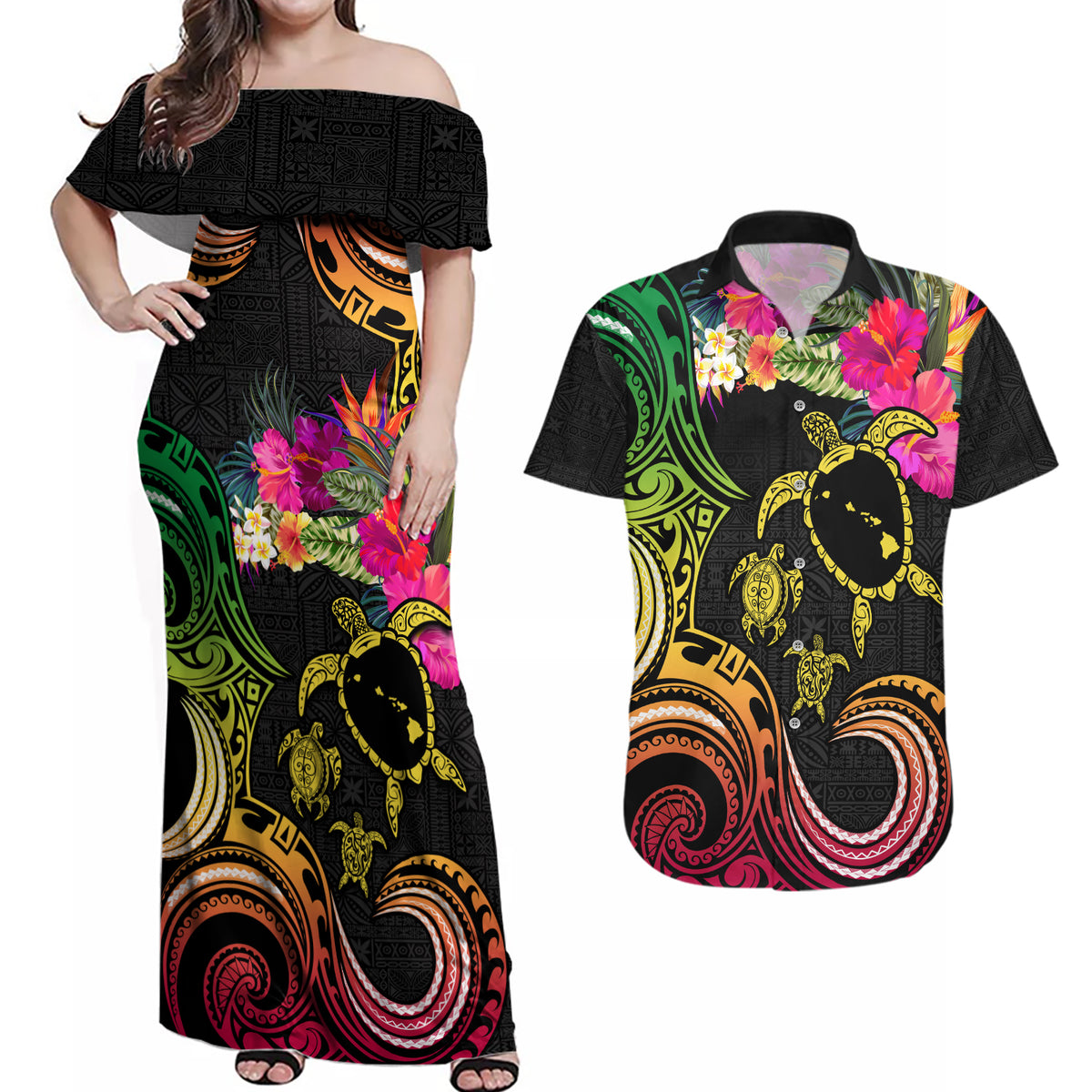 Hawaii Turtle Day Couples Matching Off Shoulder Maxi Dress and Hawaiian Shirt Polynesian Tattoo and Hibiscus Flowers LT03 Black - Polynesian Pride