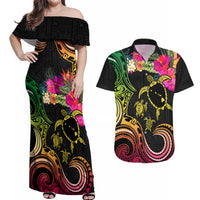 Hawaii Turtle Day Couples Matching Off Shoulder Maxi Dress and Hawaiian Shirt Polynesian Tattoo and Hibiscus Flowers LT03 Black - Polynesian Pride