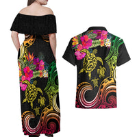 Hawaii Turtle Day Couples Matching Off Shoulder Maxi Dress and Hawaiian Shirt Polynesian Tattoo and Hibiscus Flowers LT03 - Polynesian Pride